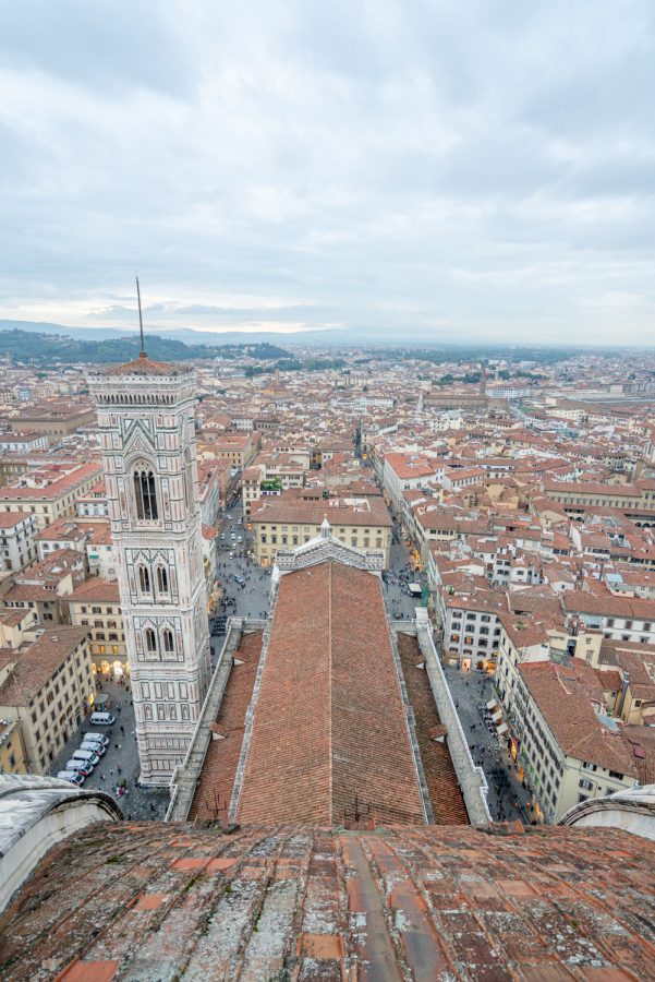 wide angle view of the florence cathedral and city from the top of the cupola after climbing brunelleschis dome