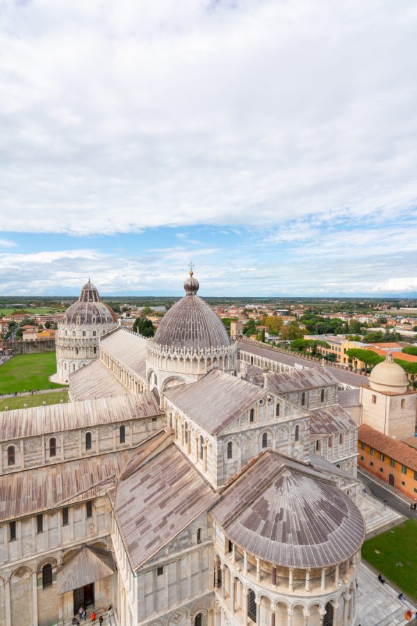 view of the pisa cathedral from above as seen after climbing the leaning tower of pisa